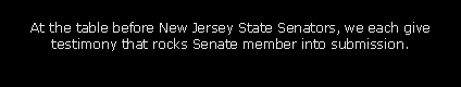 Text Box: At the table before New Jersey State Senators, we each give testimony that rocks Senate member into submission.  

