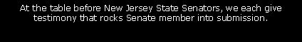 Text Box: At the table before New Jersey State Senators, we each give testimony that rocks Senate member into submission.  

